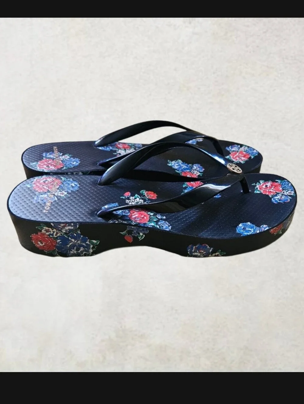 Tory Burch Women’s  Black Floral Leather Thong Wedge Platform Logo Size 9